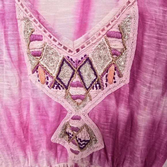 Free People Sun Up Pink Beaded Tie Dye Ombre Mini Dress Tunic Size XS Beaded - Picture 2 of 7
